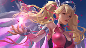 動漫女孩戴著粉紅蝴蝶結在星空下施展發光魔法