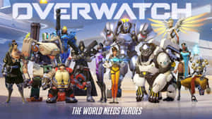 由不同英雄組成的《鬥陣特攻》團隊穿著未來裝甲，英勇地擺出姿勢。