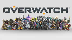 Overwatch 遊戲標誌，所有英雄角色排成一排。