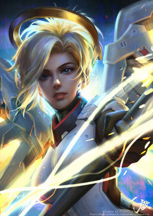 帶光環的動漫女戰士在太空中發射能量武器