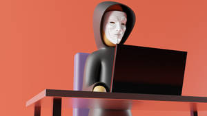 戴Anonymous面具的人物在桌前使用手提電腦，珊瑚色背景 — 賽博龐克 壁紙