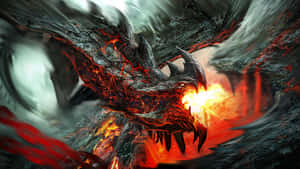 一隻帶有發光紅色血管的火龍，在火山環境中噴火。 — 7680x4320 壁紙