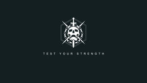 白色骷髏標誌，帶有交叉的劍和鏈條，在深色背景上，文字 test your strength