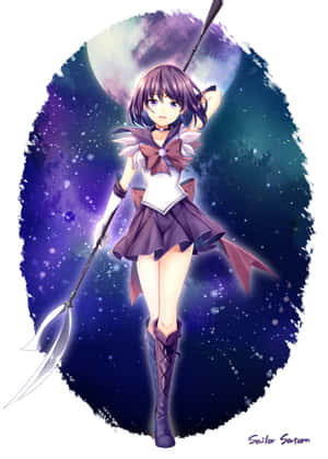 動畫角色 Sailor Saturn 在星空夜空中手持鐮刀。