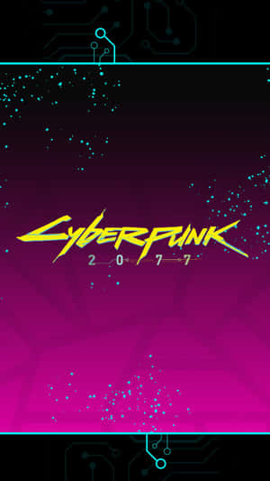 帶有發光霓虹文字和電路板設計的《Cyberpunk 2077》標誌。 — 紫色 iPhone 壁紙