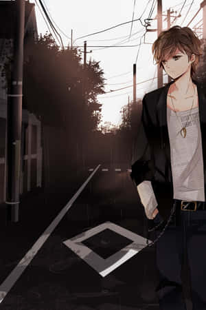 動漫男孩在黃昏時分站在濕漉漉的街道上，戴著鎖鏈，穿著深色衣服 — 安卓 壁紙