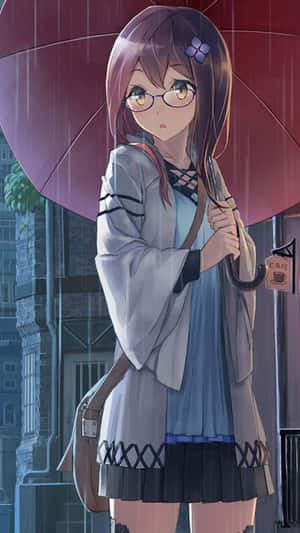 戴眼鏡的動漫女孩在黃昏時分的雨城市街道上，靠近咖啡館招牌，撐著紅色雨傘。 — 可愛動漫女仔 壁紙