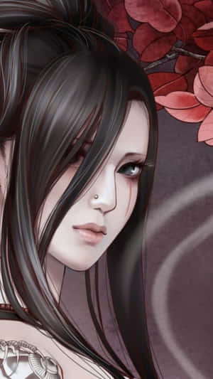 黑髮鼻環動漫女孩，紅葉旁 — 安卓 壁紙