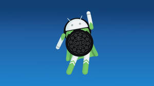 Android 吉祥物喺藍色漸變背景前拎住一塊Oreo曲奇。 — 凌志標誌 GIF 壁紙