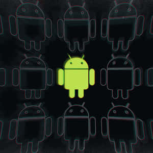 在黑色背景上，一個發光的綠色Android機器人被較暗的輪廓Android人物包圍。 — 三星 Galaxy S20 壁紙