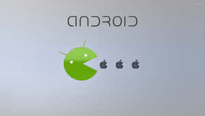 綠色Android吉祥物正在吃Apple標誌，上方有'ANDROID'文字。