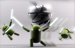 三個綠色Android機器人在未來主義的決鬥中揮舞光劍。