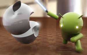 綠色Android角色手持藍色光劍，在木質房間中面對Apple標誌。