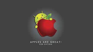 綠色Android吉祥物從紅色咬過的蘋果後面探出頭來，下方有文字。