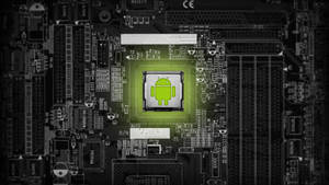 綠色Android標誌在黑色主機板上發光，帶有電路。 — 三星 Galaxy S20 壁紙