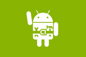 白色Android機械人在綠色背景上揮手，胸前有工具符號。