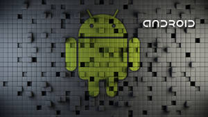 由立方體組成的綠色Android機械人，位於灰色立方體牆上，帶有'android'文字。