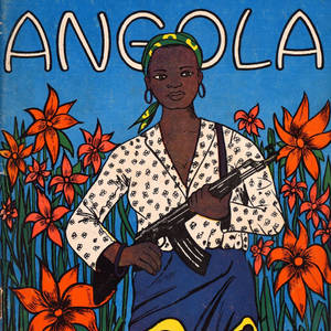 插圖女性手持步槍，被橙色花朵環繞，帶有「ANGOLA」文字。 — 非洲 壁紙