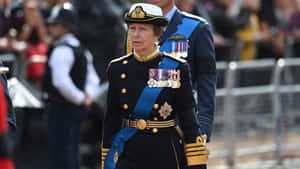 伊利沙伯二世女王身穿海軍儀式制服，佩戴勳章和藍色飾帶，在戶外行走。 — 軍事動圖 壁紙