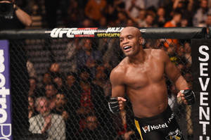UFC拳手在八角籠內慶祝勝利，觀眾在圍欄後面。