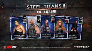 WWE Steel Titans II 交換卡， featuring Andre the Giant、Brock Lesnar、Roman Reigns、Becky Lynch 和 Kay Lee Ray。
