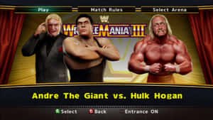 WWE WrestleMania III 遊戲菜單， featuring Andre The Giant、Hulk Hogan 和第三位摔角手。