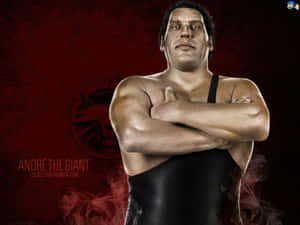 Andre the Giant 身穿黑色摔角服，交叉雙臂，站在紅色煙霧背景前。