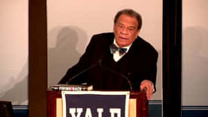 穿西裝的男性在講台演講，旁邊有「FIRING BACK」書籍和「YALI」橫幅。 — 政治 壁紙