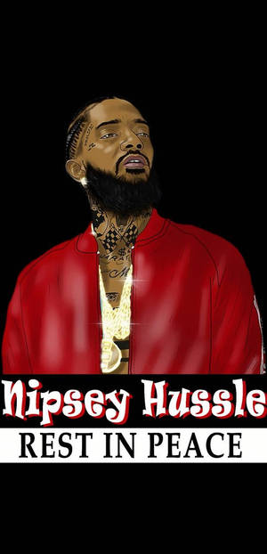 Nipsey Hussle 身穿紅色外套和金色鏈條，黑色背景上的致敬肖像。