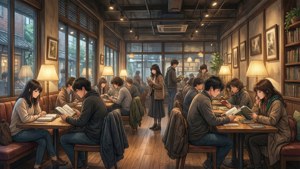 學生在舒適的木質圖書館中閱讀書籍，燈光溫暖。