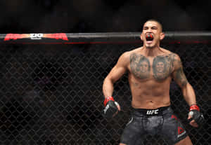 MMA拳手在UFC八角籠內展示紋身慶祝勝利。
