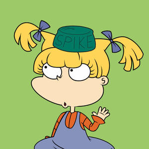 金髮雙馬尾戴綠色帽子的卡通女孩揮手