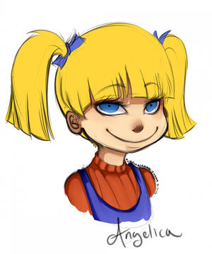 動漫女孩，黃色雙馬尾和藍色眼睛，在素描插圖中微笑。
