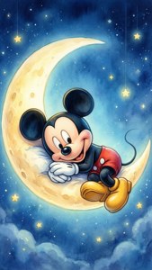 米奇老鼠喺星空下嘅彎月上開心休息。