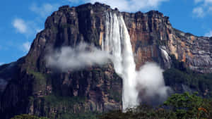 一道強勁的瀑布沿著陡峭的岩石懸崖傾瀉而下，周圍環繞著茂密的綠色植物。 — 瀑布 壁紙