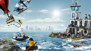 LEGO 警察救援場景，配有直升機船、鯊魚和城市天際線。