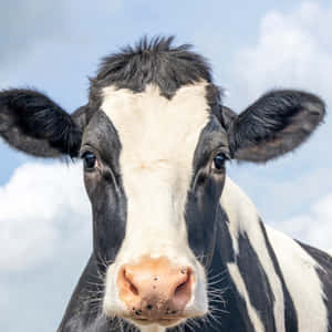 一頭黑白乳牛在藍天下直視觀眾。