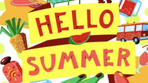 帶有菠蘿、西瓜和色彩繽紛夏季物品的哈囉夏天標誌。