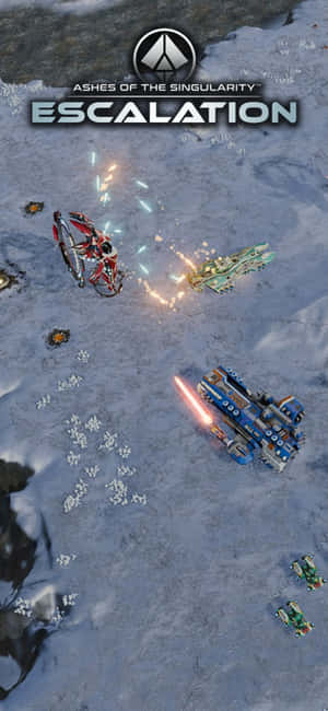 科幻戰艦在雪地外星戰場上發射武器。