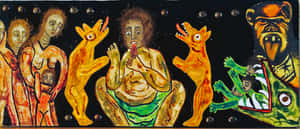 超現實畫作，以鮮豔色彩呈現扭曲的人類和動物形象，背景為星空。