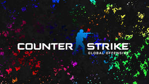 Counter Strike Global Offensive 標誌，帶有藍色士兵剪影和彩色顏料濺灑。