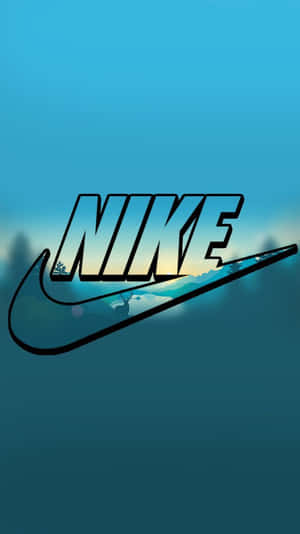 Nike 標誌，勾號內有山景，背景為藍色漸變。
