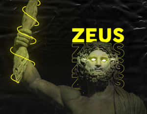 發光眼睛的宙斯雕像手持閃電，帶有粗體黃色文字