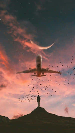 山頂上的人看著飛機在日落時分在彎月下飛行。 — 飛機 壁紙