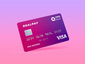 一張浮動的RealPay Visa卡，背景為粉紅和紫色漸變。