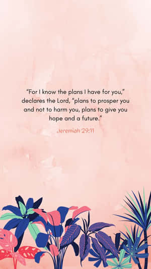 耶利米書29章11節聖經經文，搭配粉紅色水彩背景上的色彩繽紛熱帶植物。