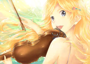 長金髮的動漫女孩在發光背景下演奏小提琴。