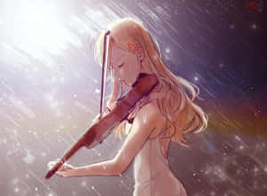 動漫女孩在雨夜星空下演奏小提琴，帶有發光效果。