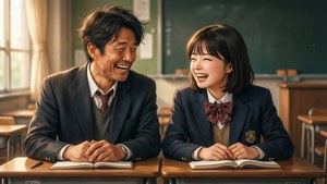 老師和學生在明亮的教室裡在書桌旁一起大笑。