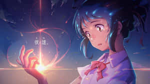 藍髮動漫少女在暮色天空下拿著發光的粉紅色球